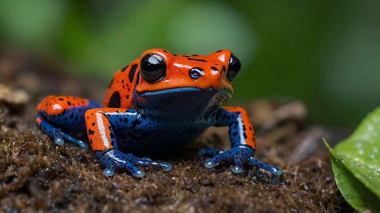 A stunning poison dart frog, with its bright red and blue coloration, perches on a forest floor.