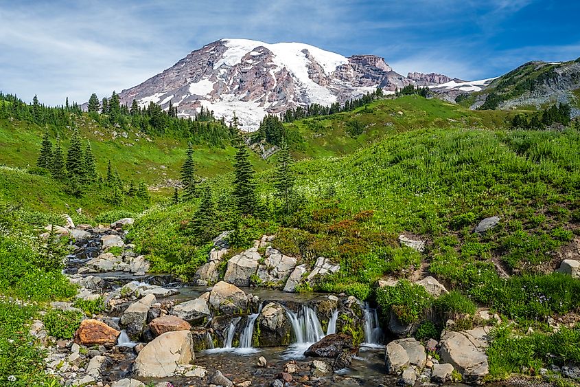 Upstream of Myrtle Falls with Mount Rainier in the background