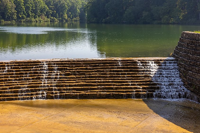 The historic stepped stone dam and spillway at Lake Woodhaven