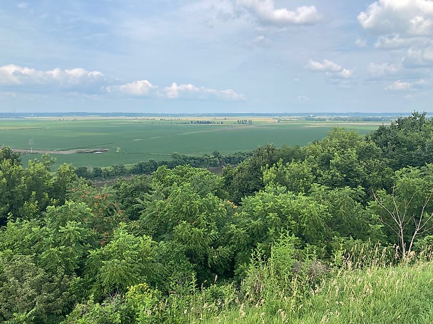 A panoramic view of the hills and plains stretching across the state border between Kansas and Nebraska