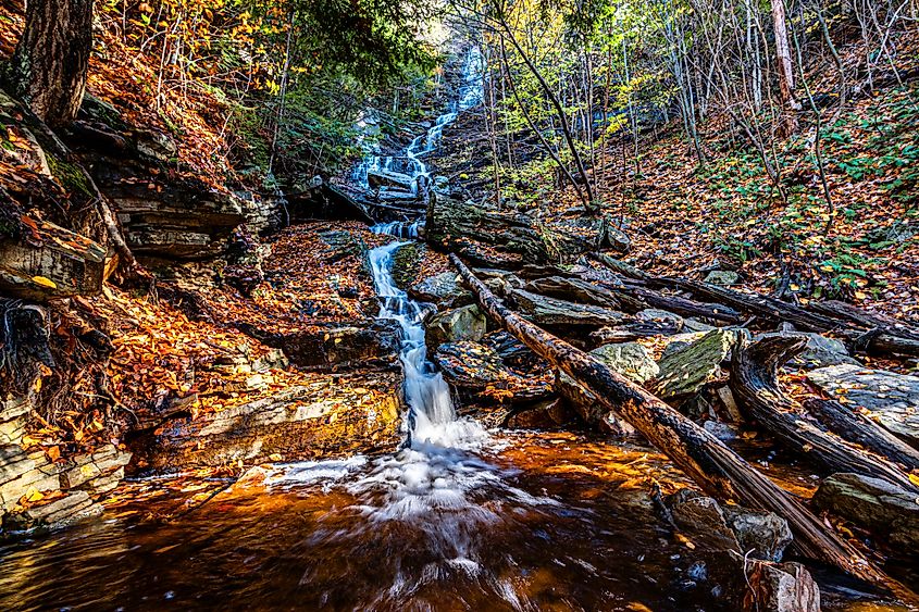 Waterfall cascading down the rockface at Lye Brook Falls