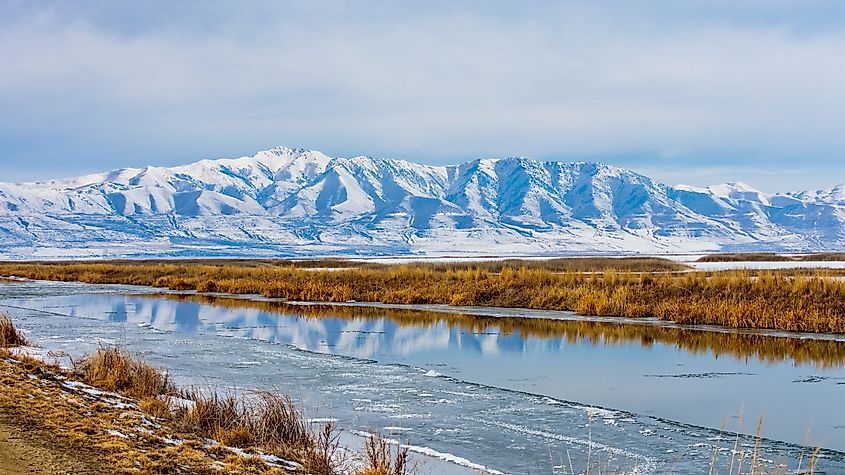 A view of the snow covered mountains in Bear River Migratory Bird Refuge