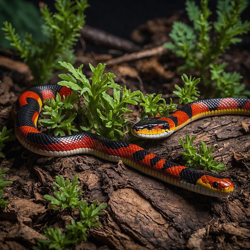 The Eastern Coral Snake (Micrurus fulvius) is a venomous snake found in the southeastern United States, including North Carolina.