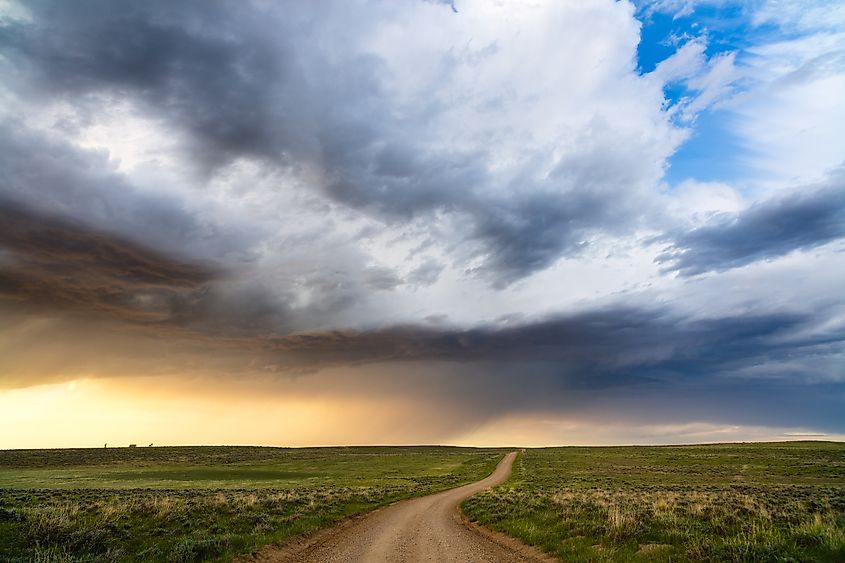 View of rolling grass hills during sunset in Thunder Basin National Grassland