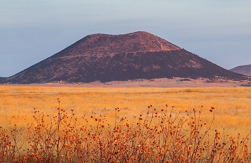 View of Capulin Volcano during sunset at Capulin Volcano National Monument