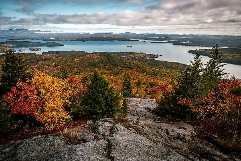 View of Lake Winnipesaukee from the top of Mount Major trail in New Hampshire