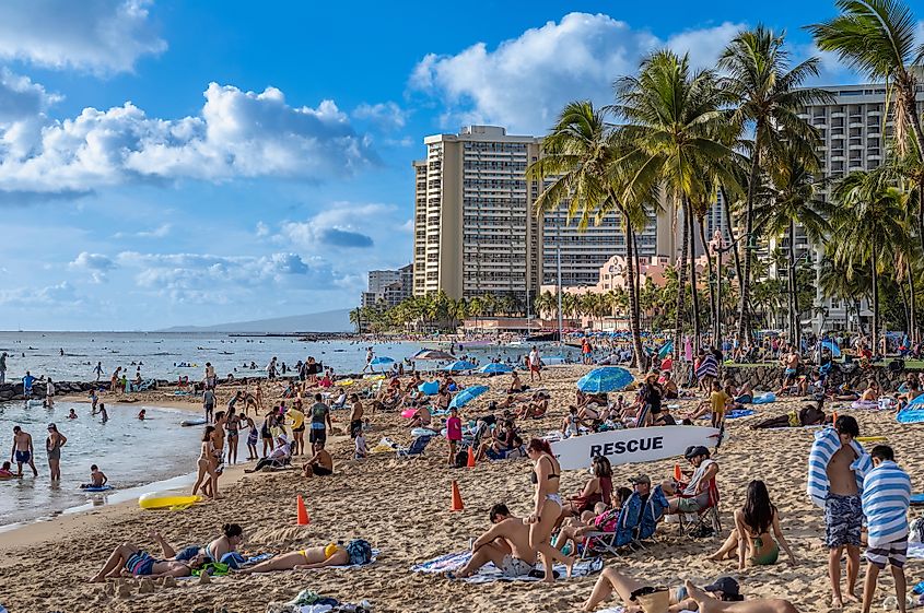 Waikiki Beach in Hawaii on a sunny day.