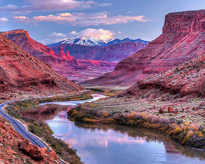 A view of the Colorado River surrounded by the La Sal Mountains in Utah