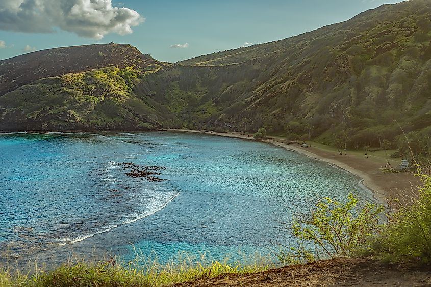 View of the waters and sandy shores of Hanauma Bay