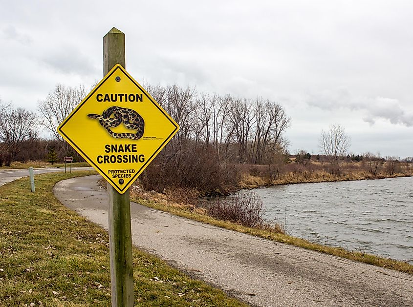 A sign at Sterling State Park in Monroe, Michigan, warning of massasauga rattlesnake habitat