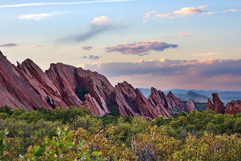 View of red sandstone formations during sunset at Roxborough State Park