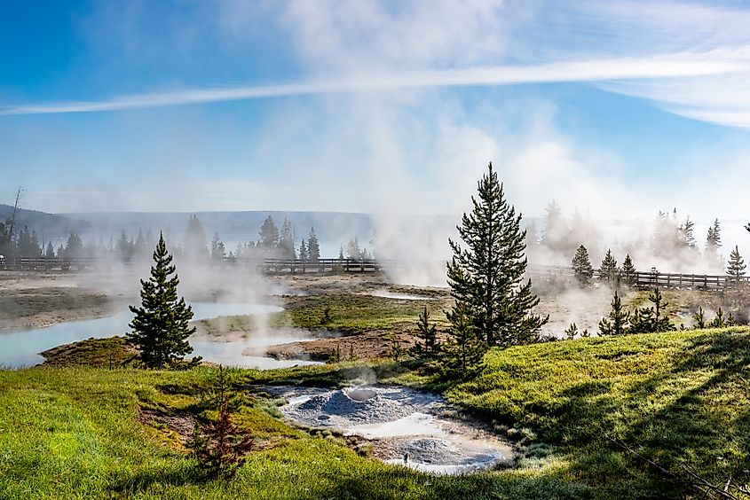 View of Yellowstone Lake and Thumb Geyser at Yellowstone National Park