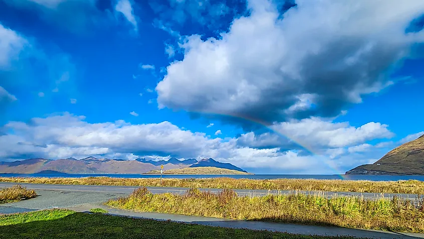 View of a rainbow over the Aleutian Islands coast