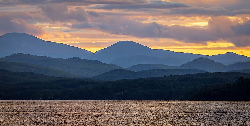 A view of Lake Champlain backdropped by the Adirondack Mountains