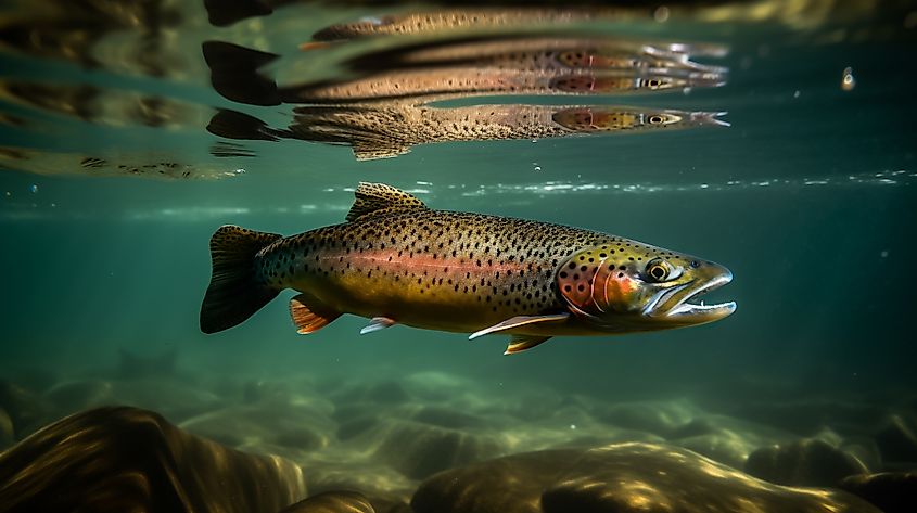 A rainbow trout swimming in a clear river.