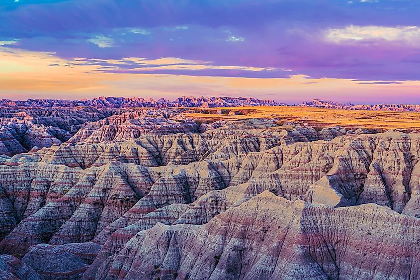 A view of the layered rock formations and buttes at Badlands National Park