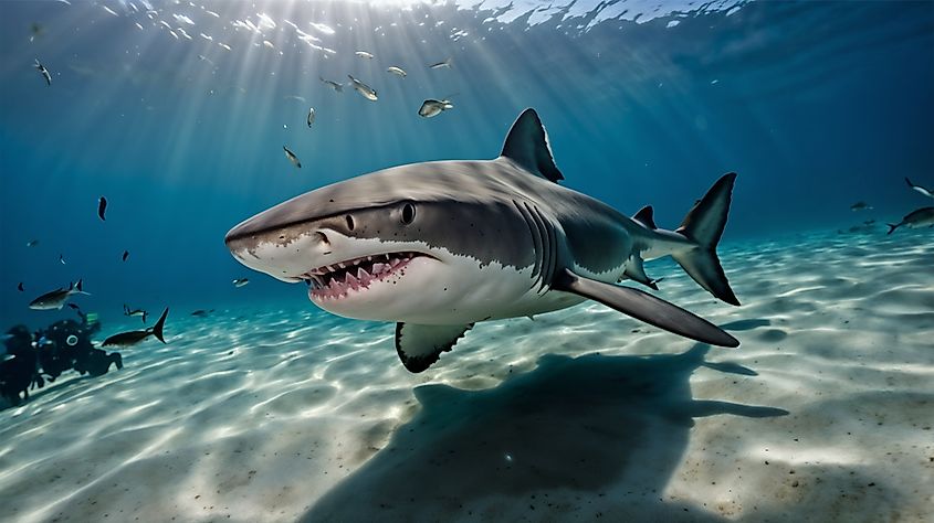 A great white shark, the only species that outranks the tiger shark in attacks.