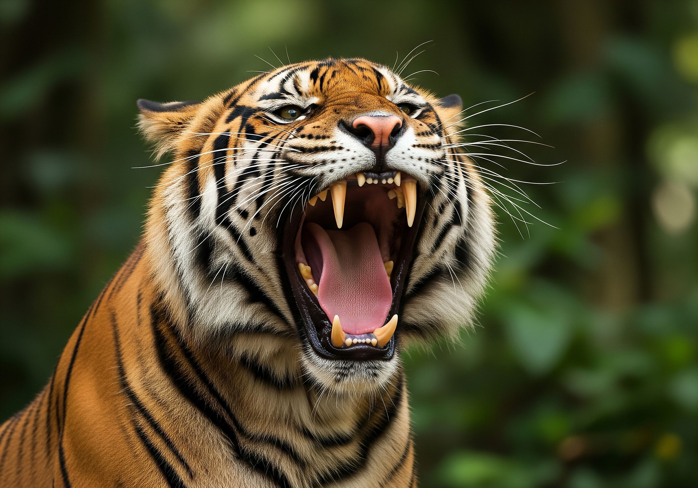 Powerful Sumatran Tiger Roaring Aggressively. 